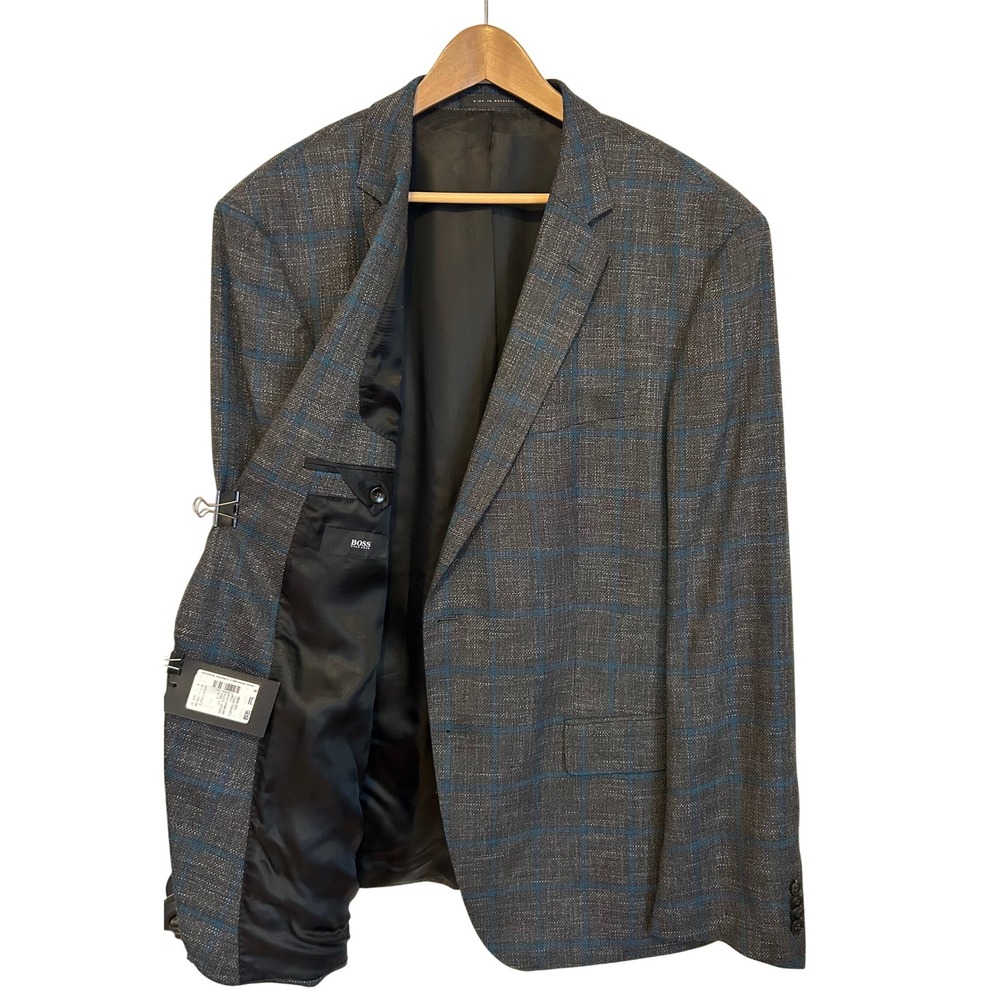 NWT HUGO BOSS Blazer size 50R‎ Gray Blue Windowpane Check Wool Blend Double Vent